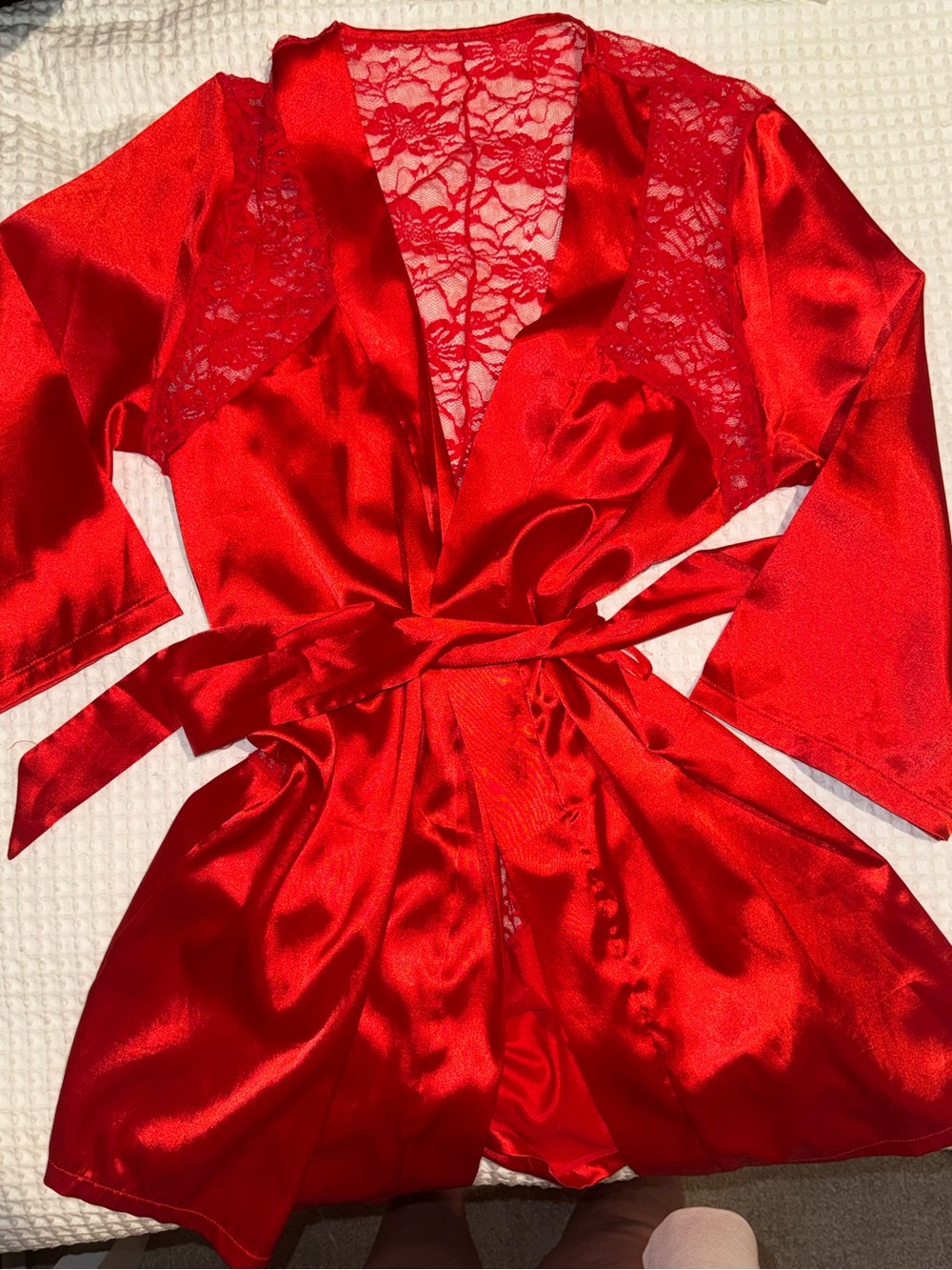 2/$20 - Source Unknown Red Satin Lace Robe with Tie Waist